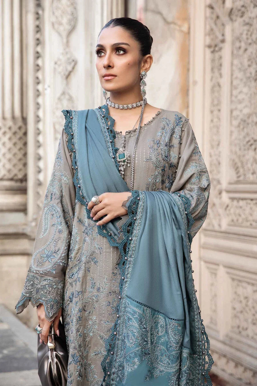 IZ-775 Unstitched Embroidered Dhanak Wool Suit With Embroidered Dhanak Shawl