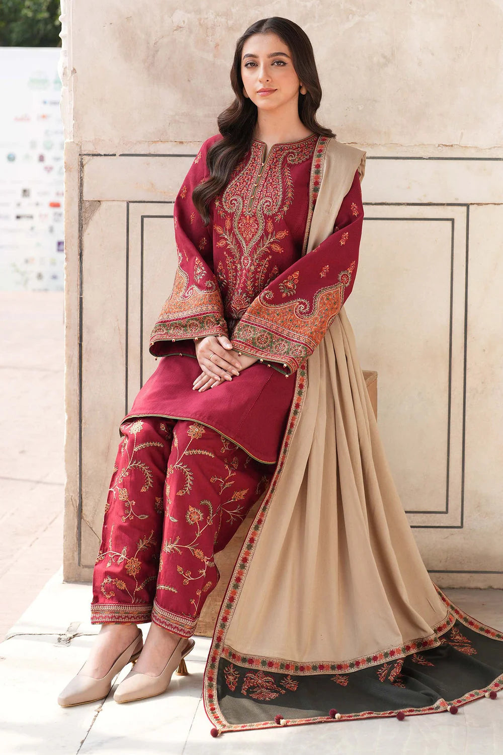 JZ-3100 Unstitched Fully Embroidered Dhanak Suit With Embroidered Dhanak Shawl