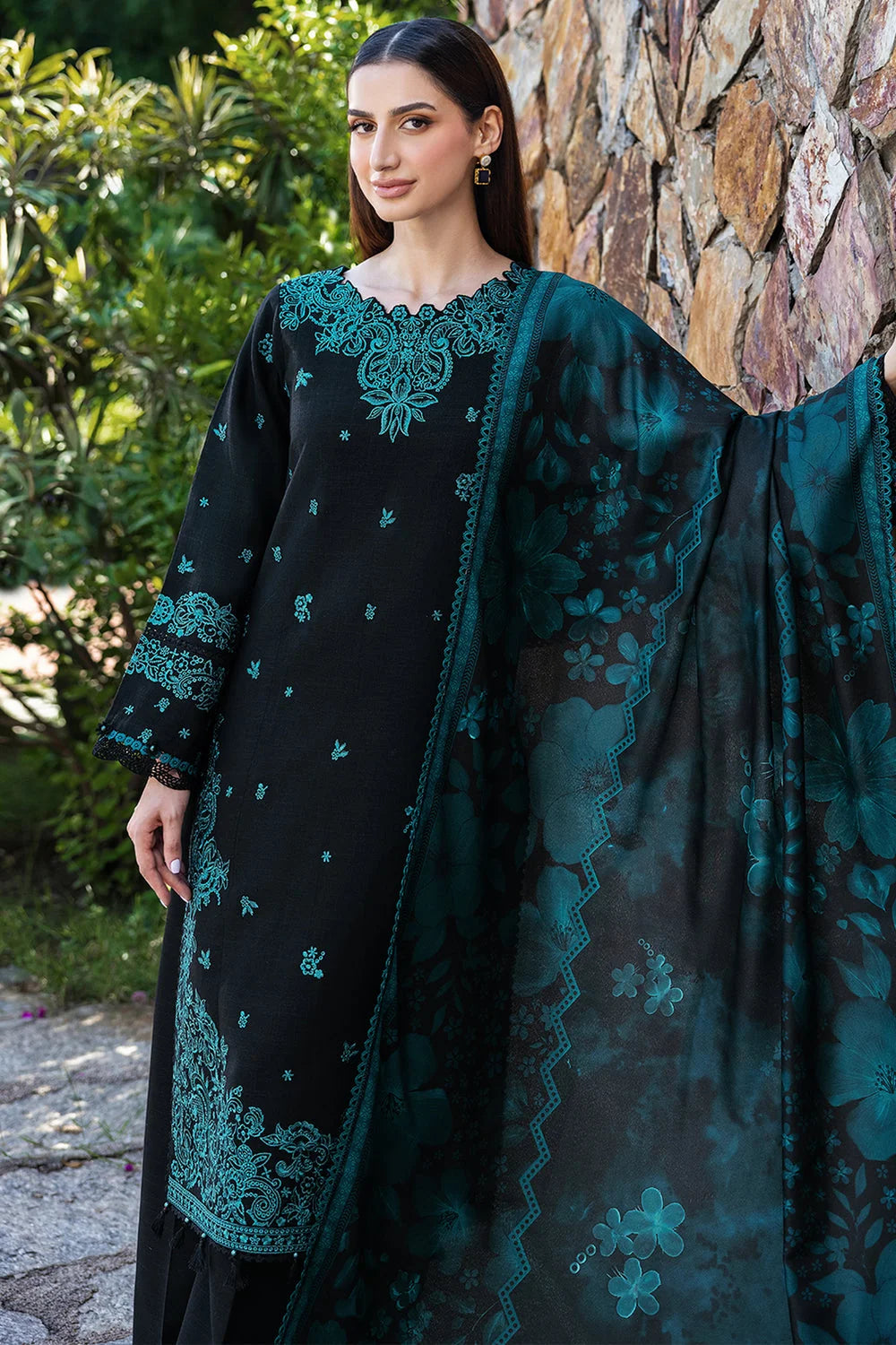 BQ-150 Unstitched Fully Embroidered Dhanak Suit With Printed Shawl