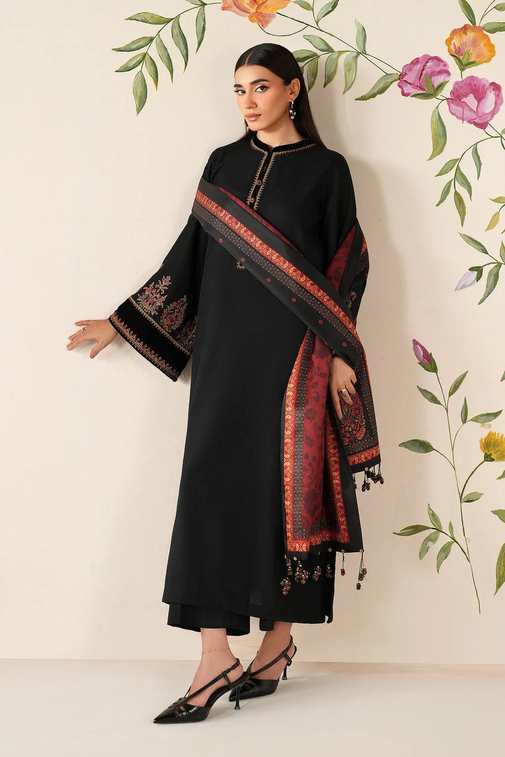 BQ-145 Unstitched Fully Embroidered Dhanak Suit With Printed Shawl
