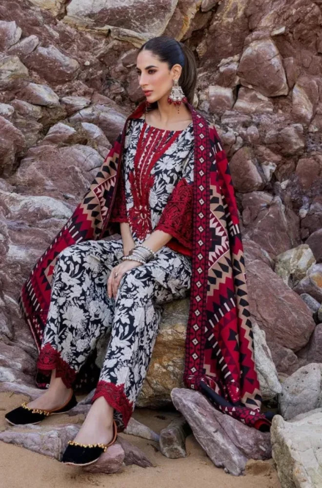 BQ-34 Khaddar 3pc Digital Printed Suit With Digital Printed Khaddar Dupatta & Embroidered Patches