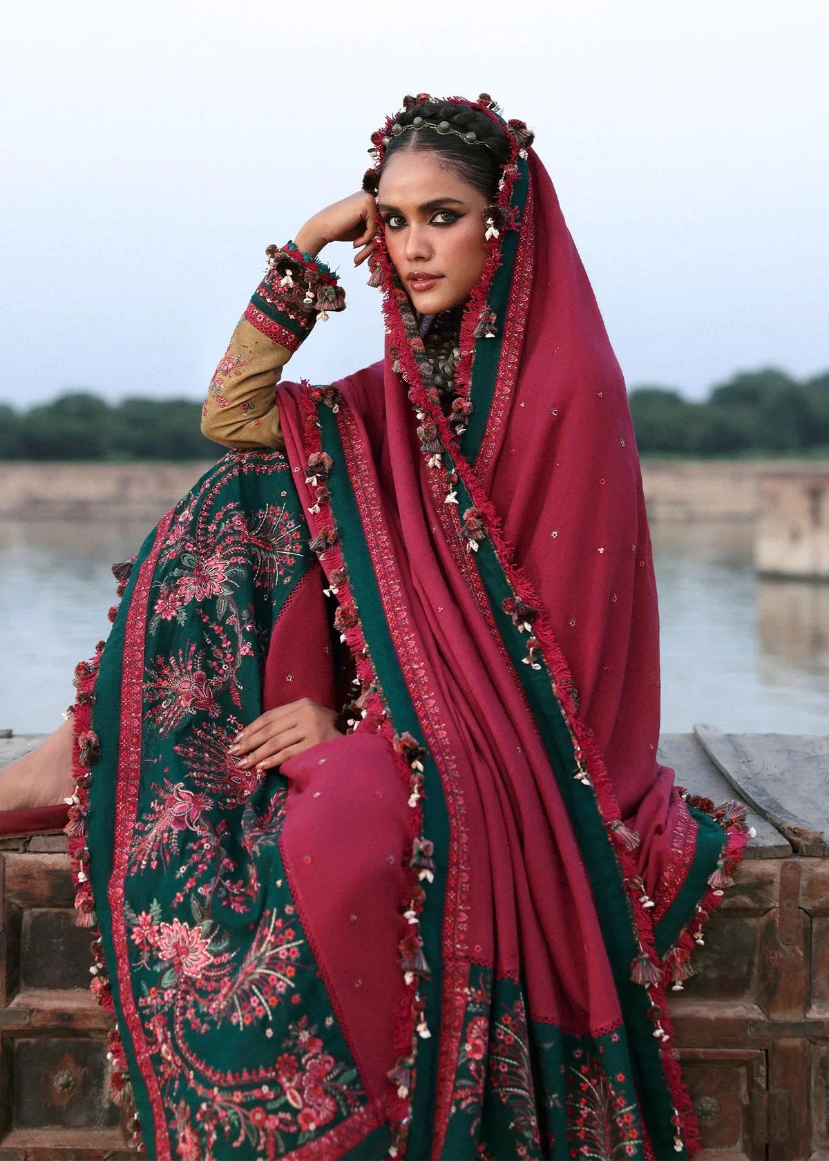 HR-2945 Unstitched Embroidered Dhanak Suit With Embroidered Dhanak Shawl