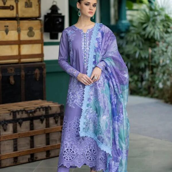 OR-86 Lawn Unstitched 3pc Fully Embroidered Suit With Cotton Net Silky Printed Dupatta 4 Sided Embroidered Lace