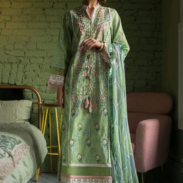 SN-16 3pc Unstitched Digital Printed Lawn Suit With Silk Digital Printed Dupatta & Embroidered Laces