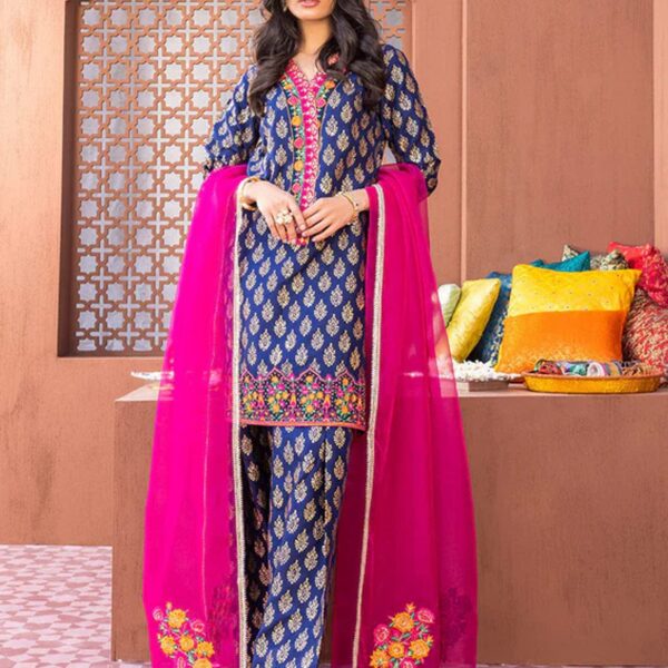 Digital Printed Lawn 3pc Suit With Digital Printed Poly Lawn Dupatta & Embroidered Patches