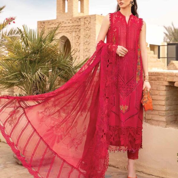 SR-2590A Lawn Unstitched Embroidered 3pc Suit With Organza Embroidered Dupatta