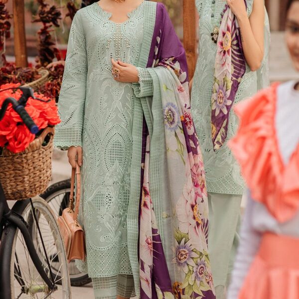 MS-42 Embroidered Chikenkari Unstitched Lawn 3pc Suit With Silk Printed Dupatta