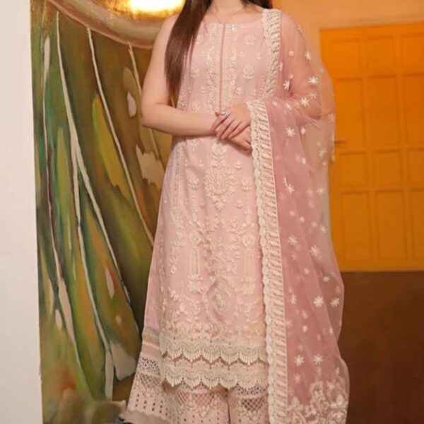 LM-54 3Pc Unstitched Embroidered Lawn Suit With Organza Embroidered Dupatta