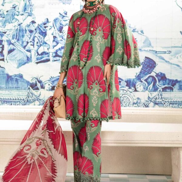 MB-74 Digital Printed 3pc Unstitched Lawn Suit With Chiffon Dupatta & Embroided Patches
