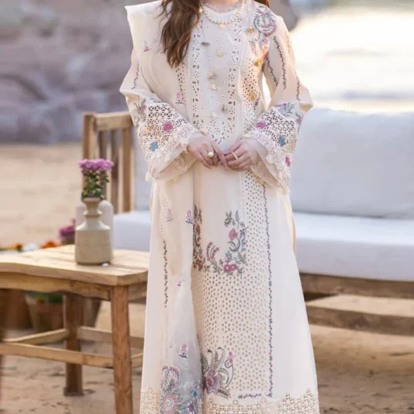 QL2605 Lawn Unstitched Embroidered 3pc Suit With Organza Embroidered Dupatta