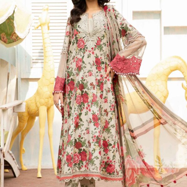 MB-425 Digital Printed Lawn Suit 3pc with Poly Lawn Digital Printed Dupatta & Embroidered Patches