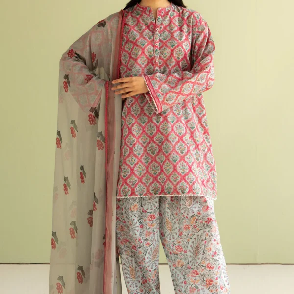 CO 494 Digital Printed 3Pc Unstitched Lawn Suit With Digital Printed Monar Dupatta