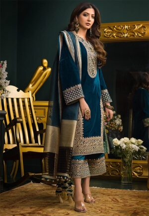 MJ--1080 Embroidered 9000 Micro Velvet 3Pc With Organza Printed Dupatta