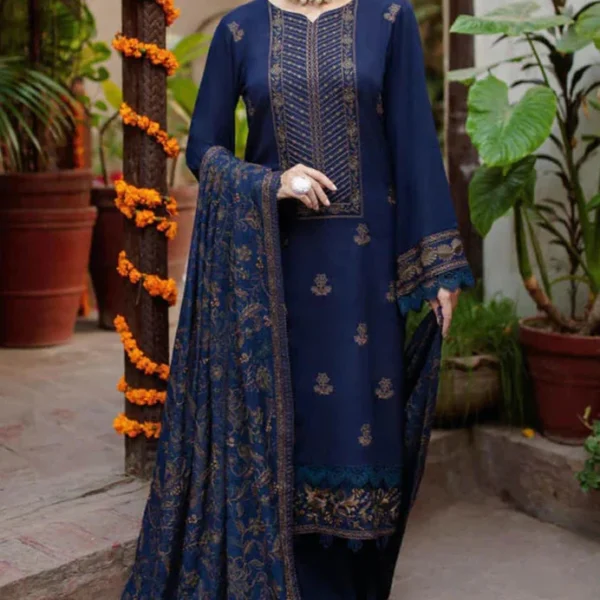 MB605 Unstitched Embroidered Dhanak Wool Suit With Embroidered Dhanak Shawl