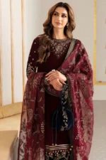 BR-1010 Sequence Embroidered 9000 Micro Velvet 3Pc With Organza Embroidered Dupatta
