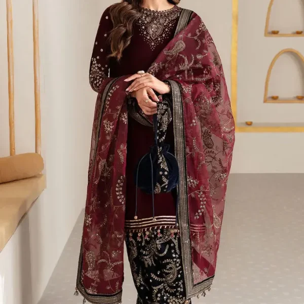 BR-1010 Sequence Embroidered 9000 Micro Velvet 3Pc With Organza Embroidered Dupatta