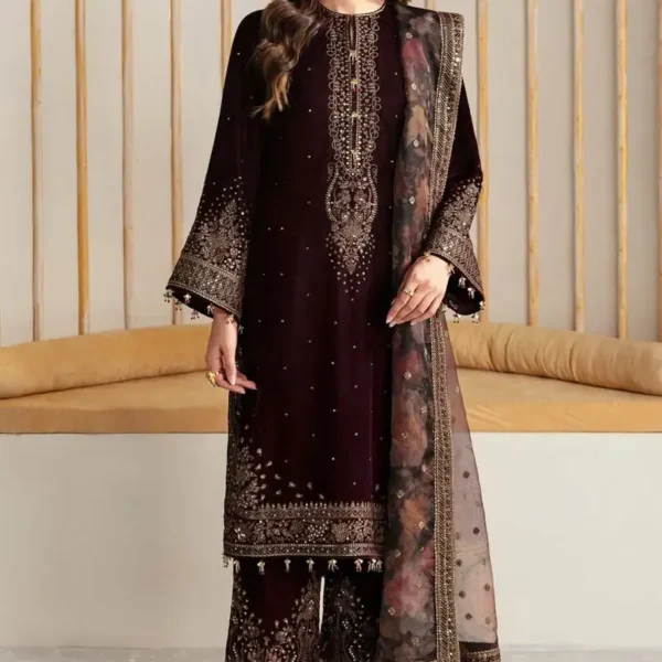 BR_1015 Sequence Embroidered 9000 Micro Velvet 3Pc With Organza Embroidered Dupatta