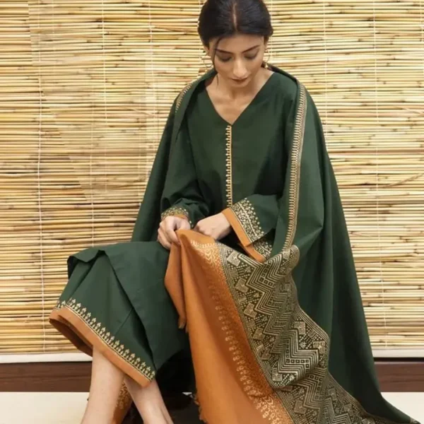 BR-1075 3Pc Unstitched Dhanak Suit with Printed Woolen Shawl