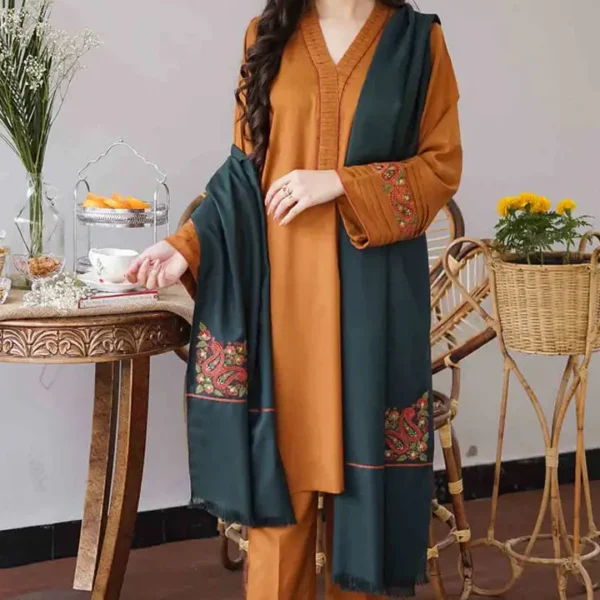 GA-1120 Unstitched Heavy Embroidered Dhanak Suit Embroidered Dhanak Shawl