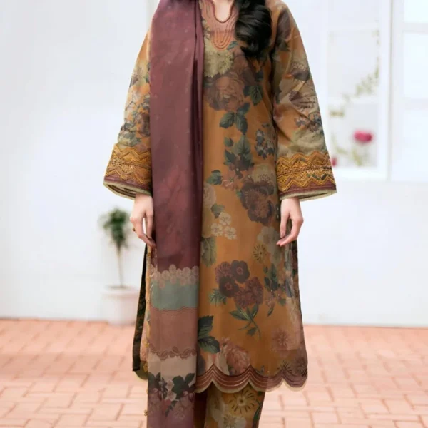 BK-01 Digital Printed Khaddar Suit 3pc with Khaddar Digital Printed Dupatta & Embroidered Patches