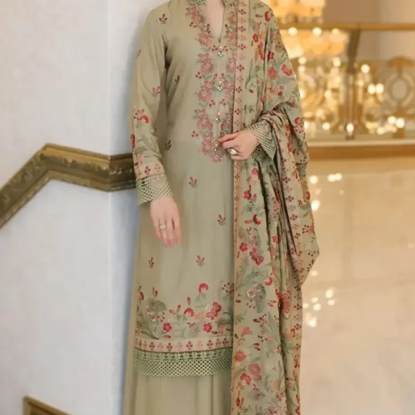BR-955 Unstitched Embroidered Dhanak Wool Suit With Embroidered Dhanak Shawl