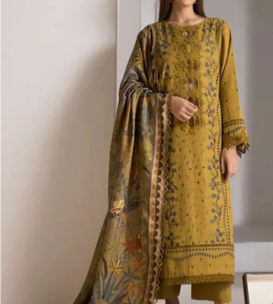 SR-59 Dhanak Embroidered Suit With Digital Printed Wool Shawl