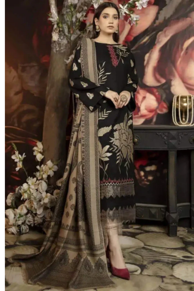 MJ-1090 Unstitched Fully Embroided Dhanak Suit With Wool Shawl