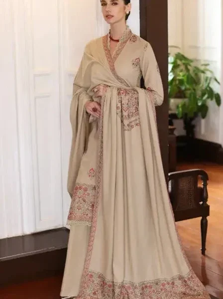 Unstitched Embroidered Dhanak Wool Suit With Embroidered Dhanak Shawl