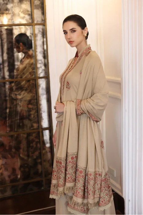 Unstitched Embroidered Dhanak Wool Suit With Embroidered Dhanak Shawl