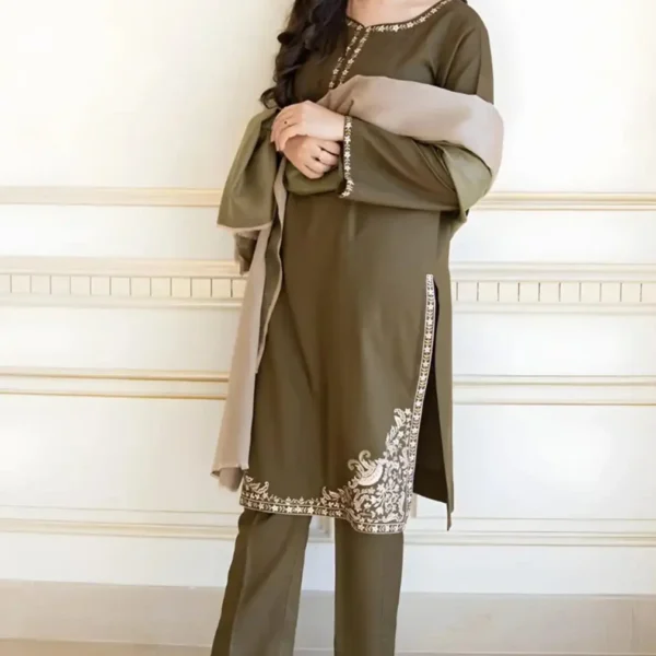 AS-10 Unstitched Embroidered Dhanak Suit With Dyed Dhanak Shawl