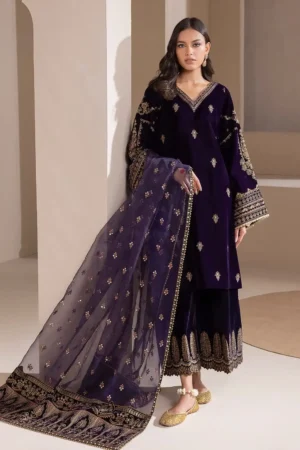 MJ-1079 Embroidered 9000 Micro Velvet 3Pc With Organza Embroidered Dupatta