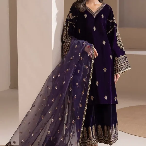 MJ-1079 Embroidered 9000 Micro Velvet 3Pc With Organza Embroidered Dupatta