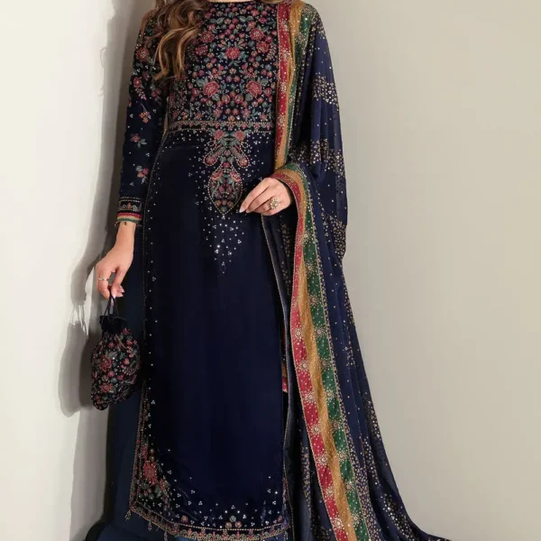 MJ-995 Embroidered 9000 Micro Velvet 3Pc With Embroidered Chiffon Dupatta