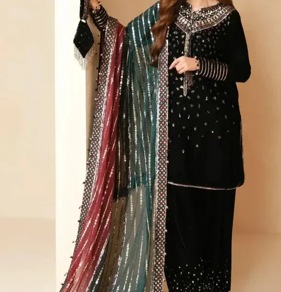 MJ-996 Embroidered 9000 Micro Velvet 3Pc With Embroidered Chiffon Dupatta