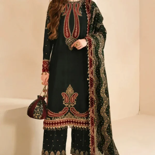 MB-999 Embroidered 9000 Micro Velvet 3Pc With Embroidered Chiffon Dupatta