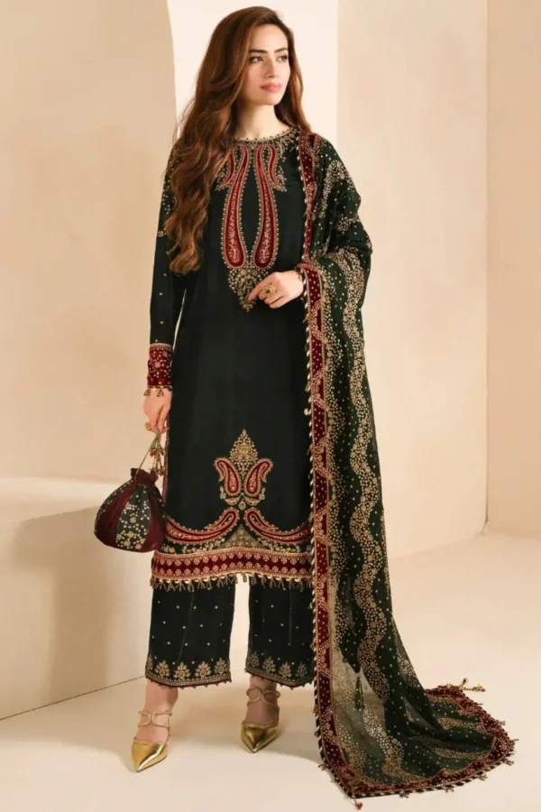 MB-999 Embroidered 9000 Micro Velvet 3Pc With Embroidered Chiffon Dupatta