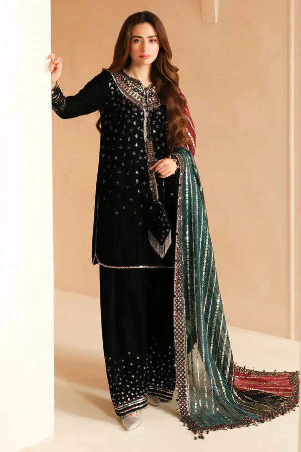 MJ-996 Embroidered 9000 Micro Velvet 3Pc With Embroidered Chiffon Dupatta
