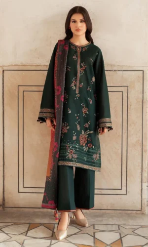 JZ-580 Dhanak Embroidered Suit With Digital Printed Woolen Shawl