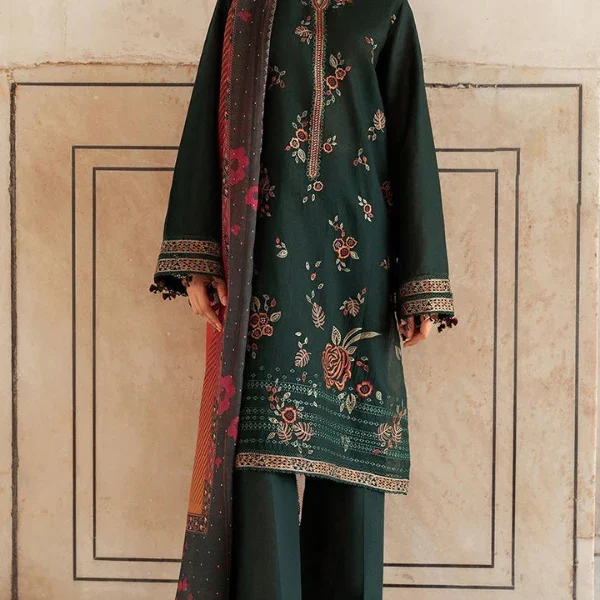 JZ-580 Dhanak Embroidered Suit With Digital Printed Woolen Shawl