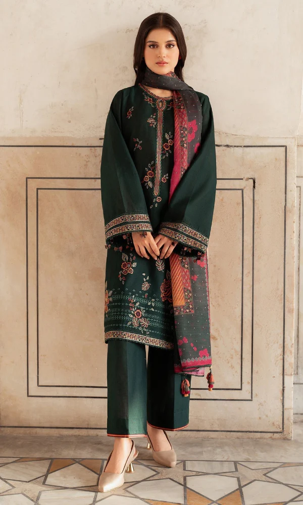 JZ-580 Dhanak Embroidered Suit With Digital Printed Woolen Shawl