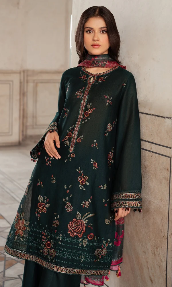 JZ-580 Dhanak Embroidered Suit With Digital Printed Woolen Shawl
