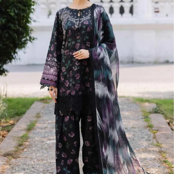 BQ-40 Digital Printed Khaddar Suit 3pc with Khaddar Digital Printed Dupatta & Embroidered Patches