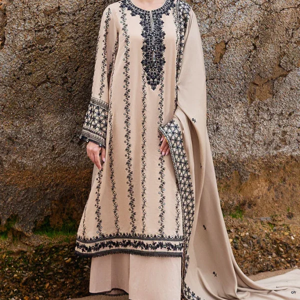 AJ-950 Unstitched Fully Embroidered Dhanak Suit With Embroidered Dhanak Shawl