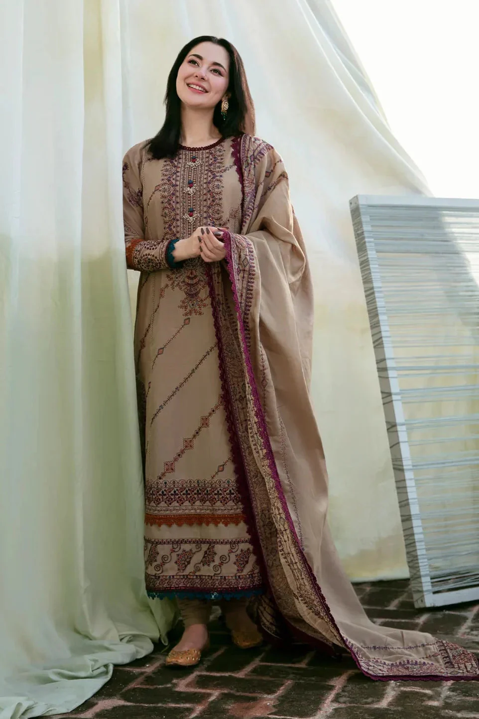 FL-895 Unstitched Heavy Embroidered Dhanak Suit With Embroidered Dhanak Shawl