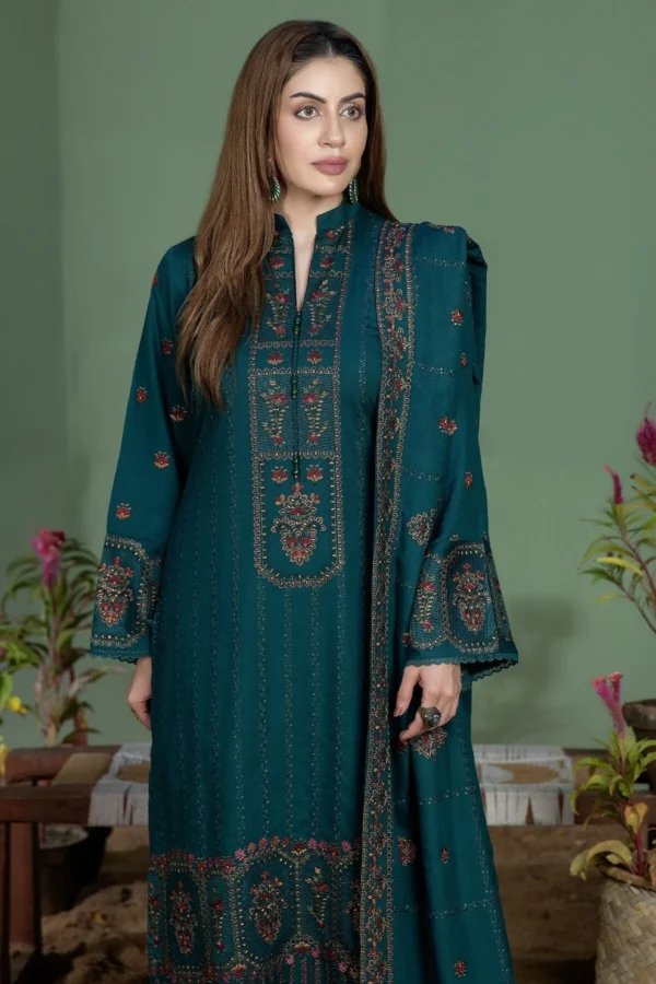 AJ-940 Unstitched Dhanak Stuff Full Embroidered Suit With Dhanak Embroiderd Shawl