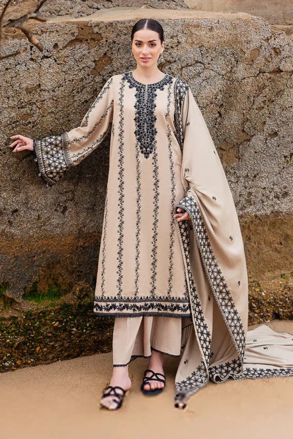 AJ-950 Unstitched Fully Embroidered Dhanak Suit With Embroidered Dhanak Shawl