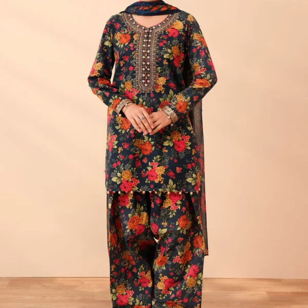 BQ-40 Digital Printed Khaddar Suit 3pc with Khaddar Digital Printed Dupatta & Embroidered Patches