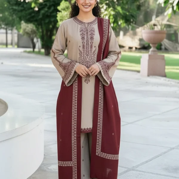 KD-910 Unstitched Heavy Embroidered Dhanak Suit With Embroidered Dhanak Shawl