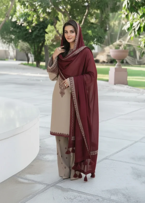 KD-910 Unstitched Heavy Embroidered Dhanak Suit With Embroidered Dhanak Shawl