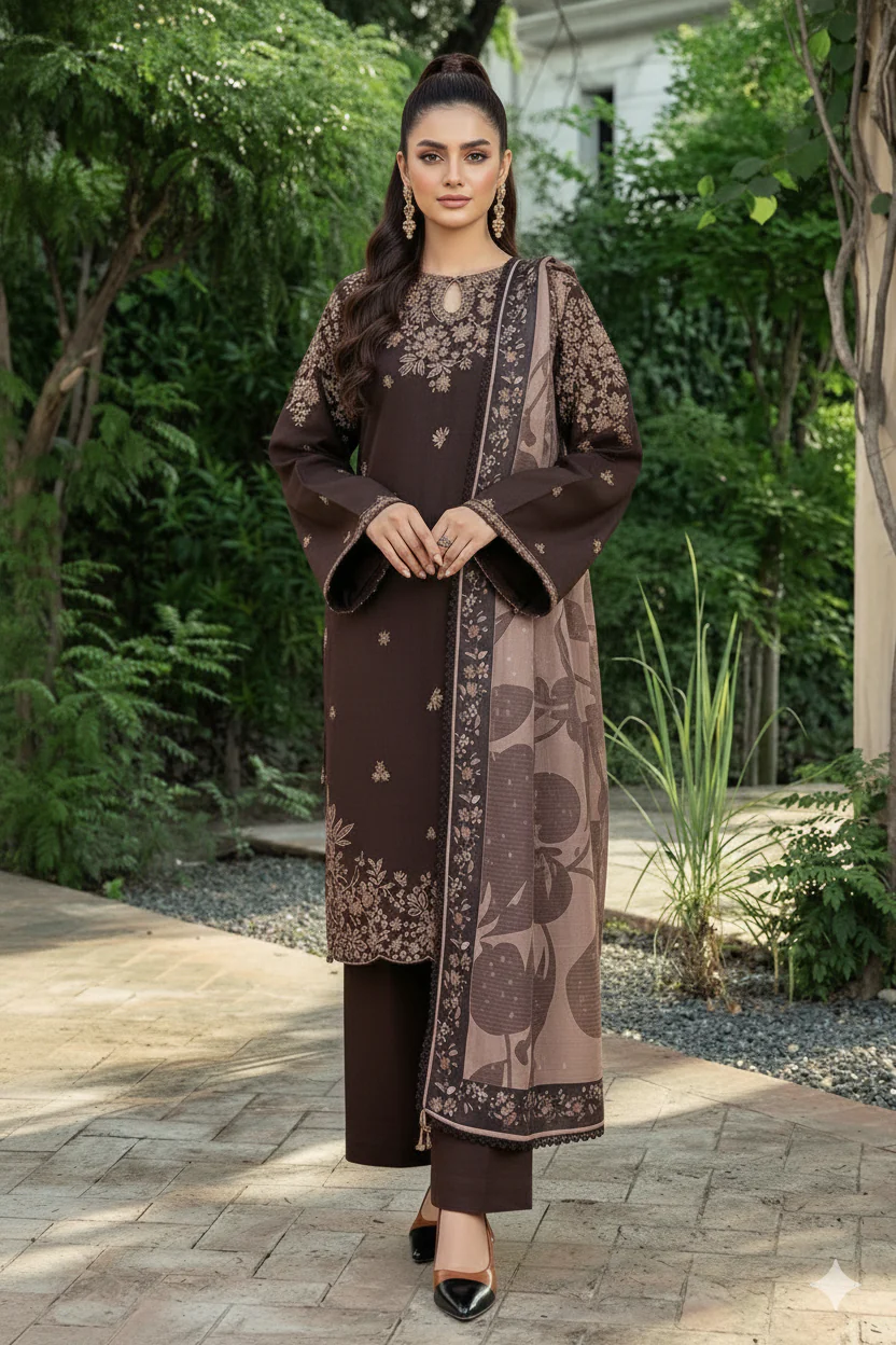 Unstitched Heavy Embroidered Dhanak Suit ( Printed Woolen Shawl )
